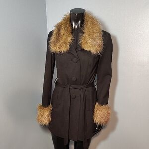 INC International Concepts Dark Brown Trench Coat with Faux Fur Accents